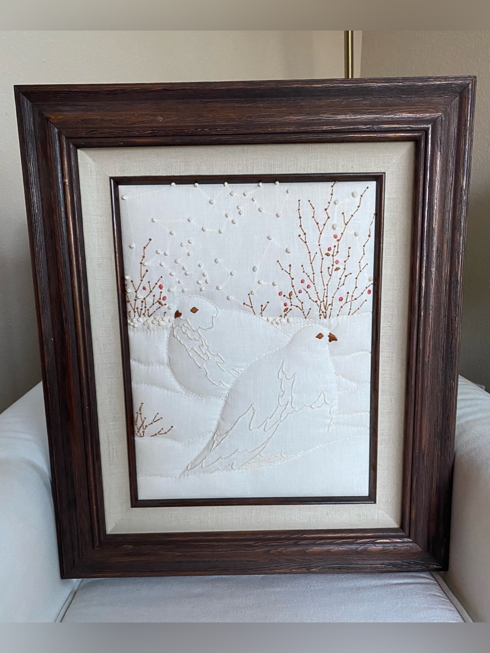 Vtg Framed Quilted Textile Art White Winter Ptarmigan Birds Embroidery Crewel
